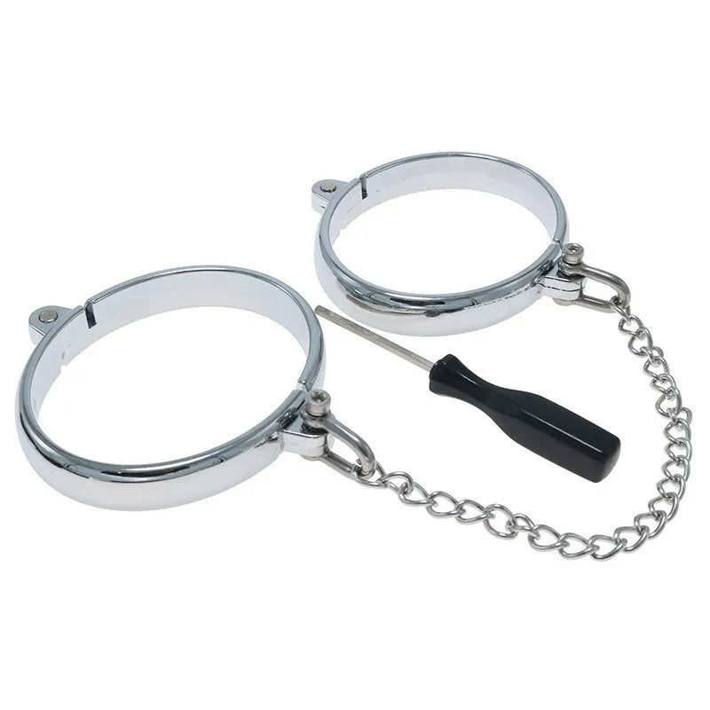 Silver zinc alloy handcuffs and footcuffs set with stainless steel detailing for adult role-play