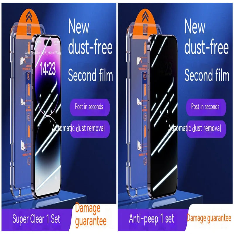 iPhone tempered glass screen protector with dust-free application kit and listening hole dustproof net.