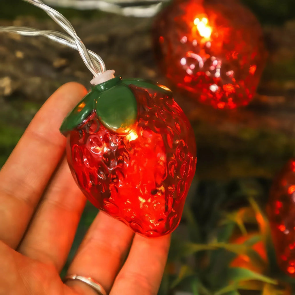Strawberry LED fairy lights in warm colour on a outdoor string with IP66 protection