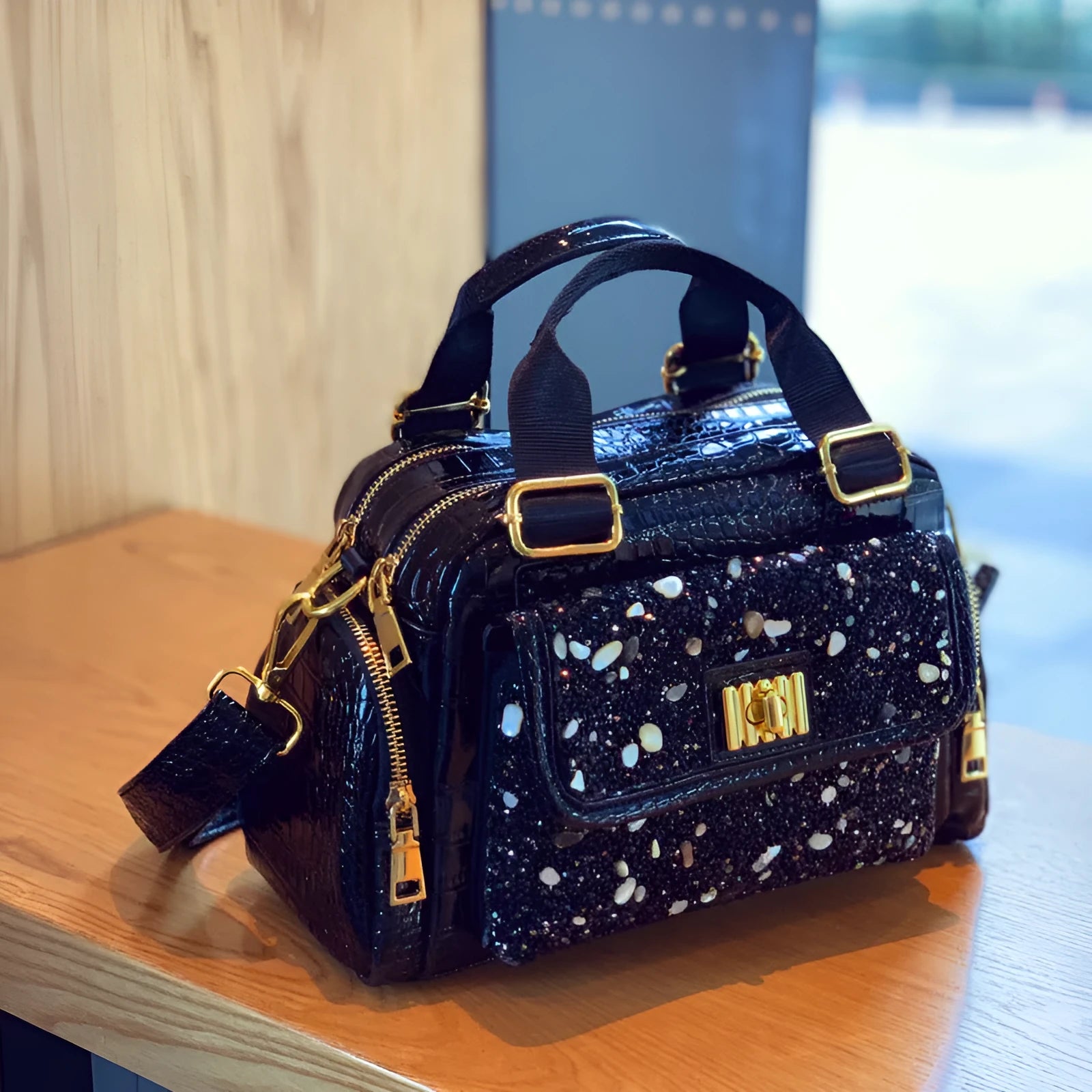 Black cowhide leather shoulder bag with diamond pattern, large capacity, for casual travel