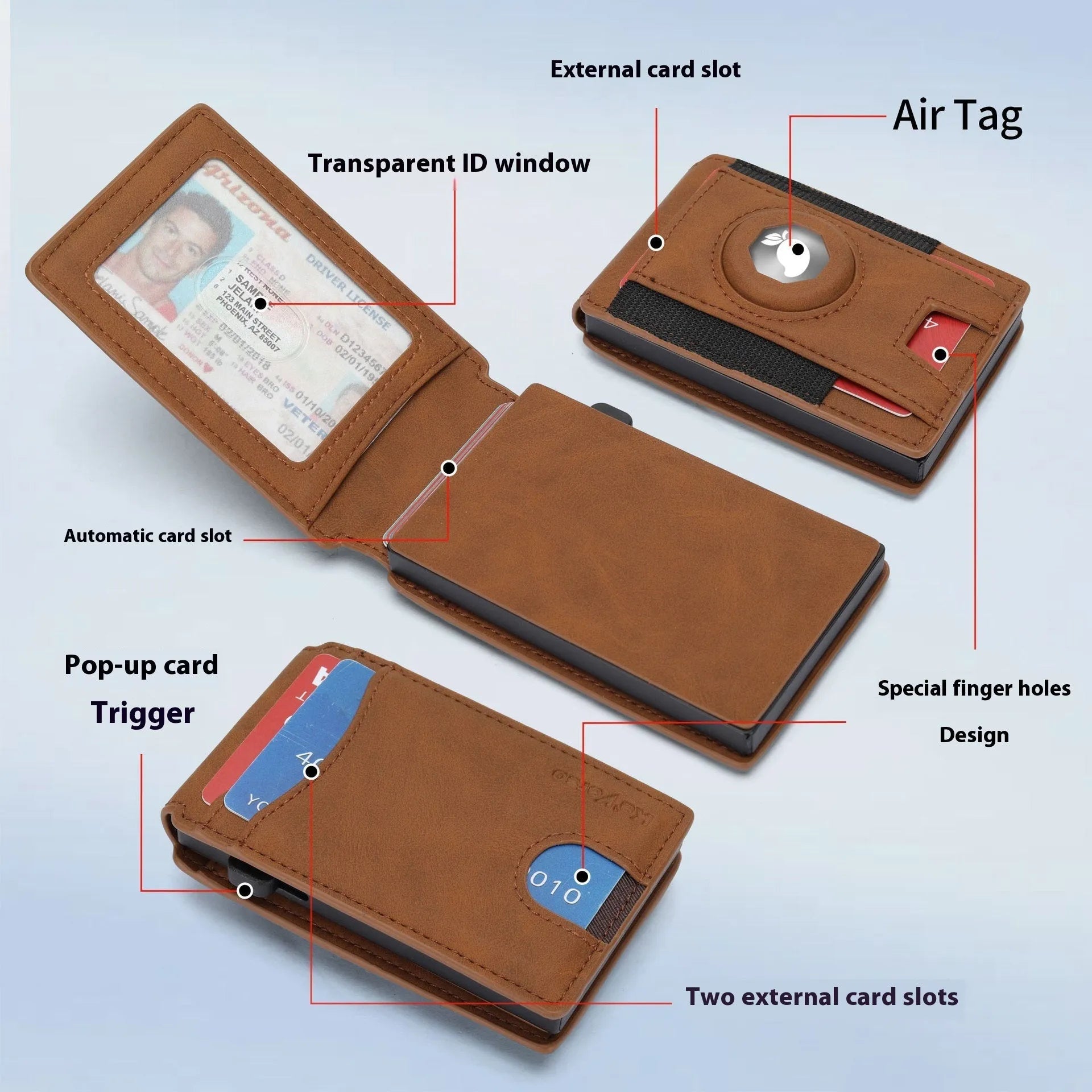 Men's synthetic leather card holder with RFID blocking in black, dark brown, and light brown colours showing card slots and front pocket