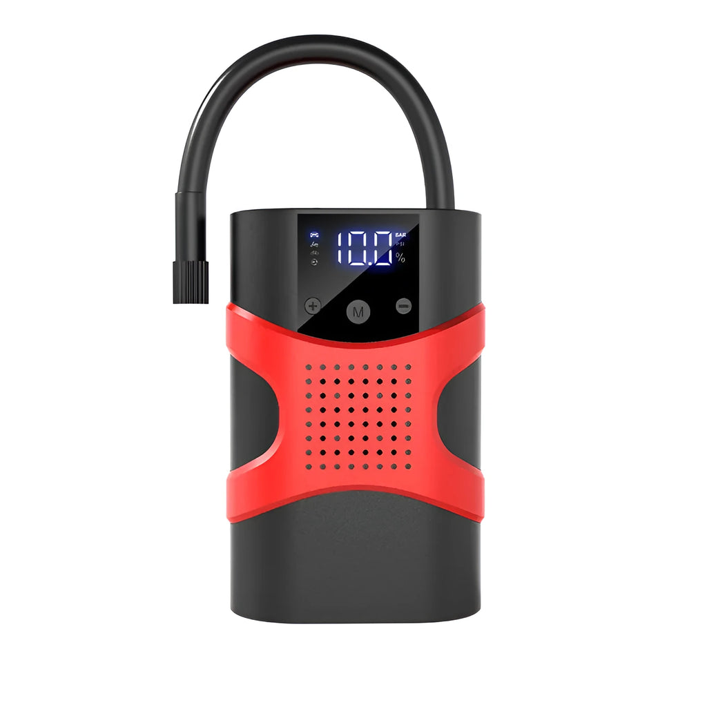 Portable car emergency jump starter with digital display air pump on a dark background