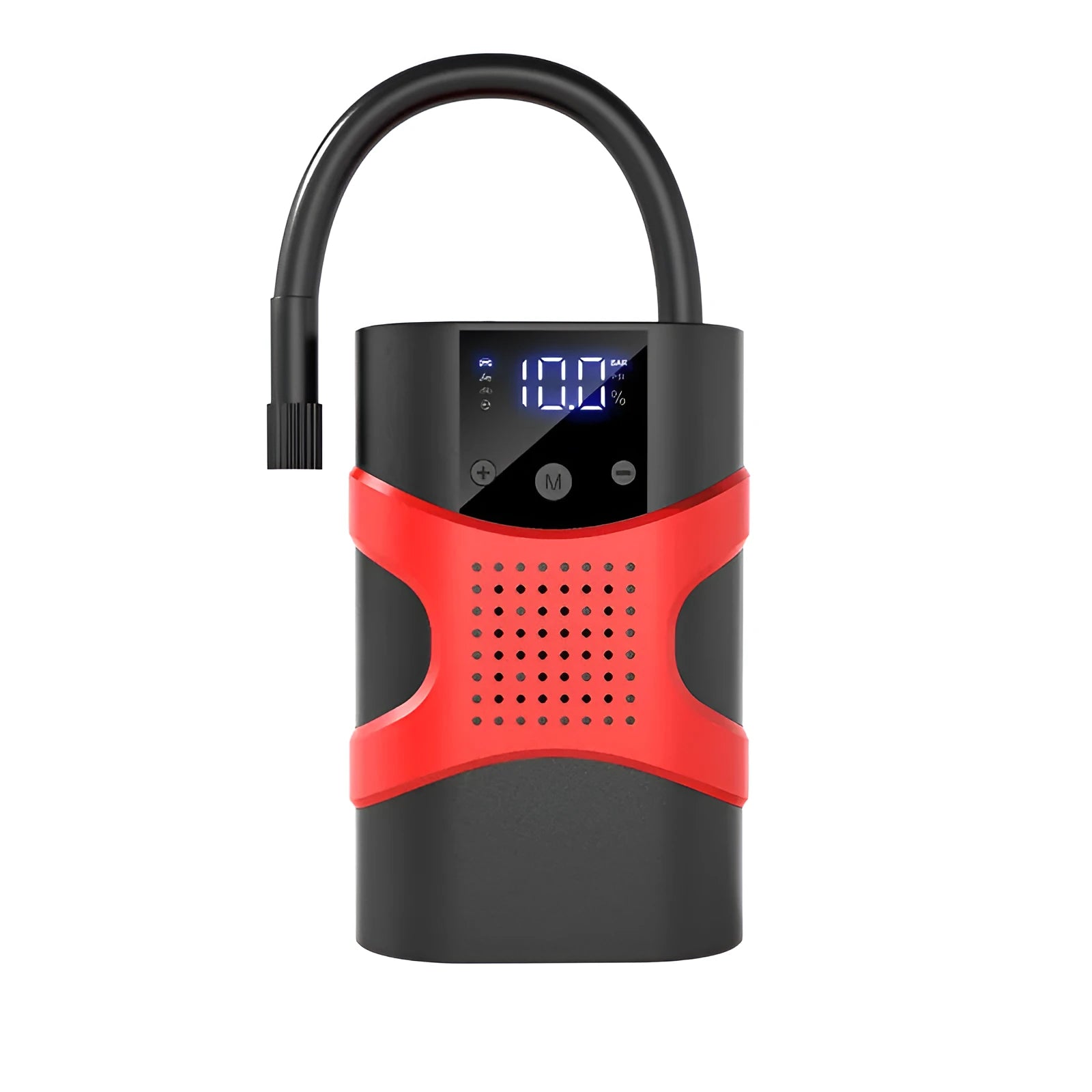 Portable car emergency jump starter with digital display air pump on a dark background