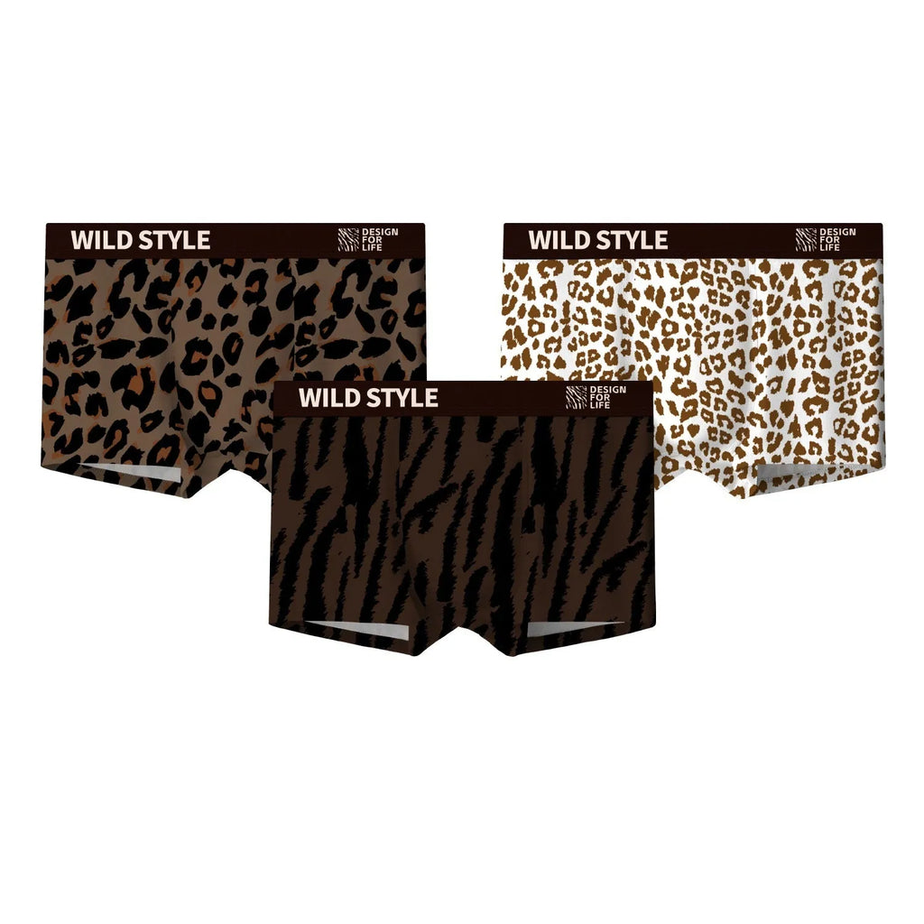Men's leopard print ice silk underwear trousers in polyester fabric showing mid waist design