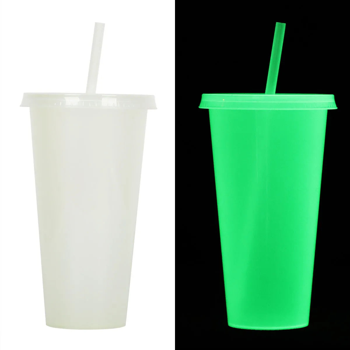 Halloween luminous reusable plastic sippy cup with straw, 720ml capacity, shown in one of six colours.