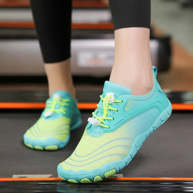 Breathable outdoor dive boots in fluorescent green and black with non-slip rubber sole and front lace-up closure
