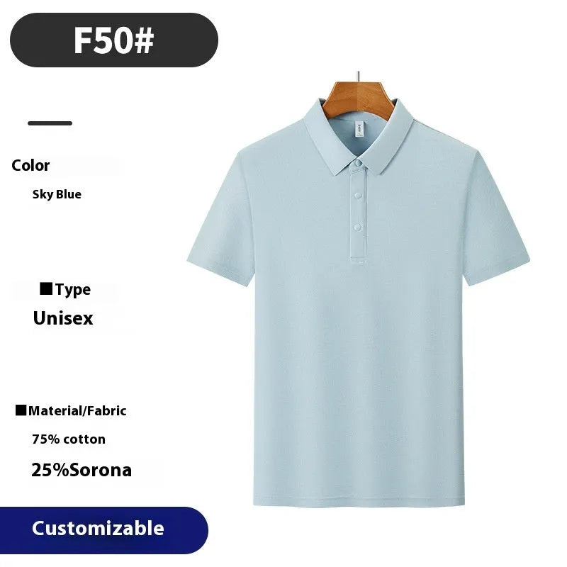 Men's short sleeve business polo shirt in cotton blend fabric with seamless construction, shown in solid colour options