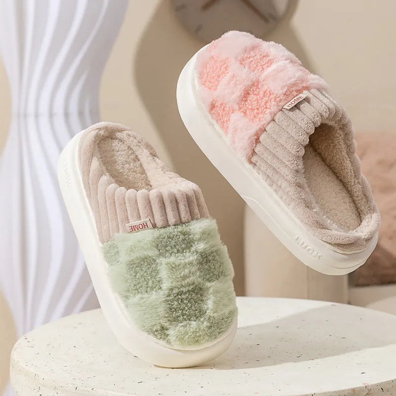 Women's plaid plush slippers with anti-slip PVC sole and round toe design