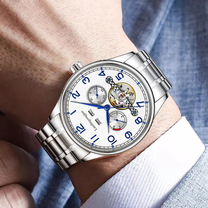 Men's stainless steel mechanical watch with sapphire crystal glass and leather strap on wrist