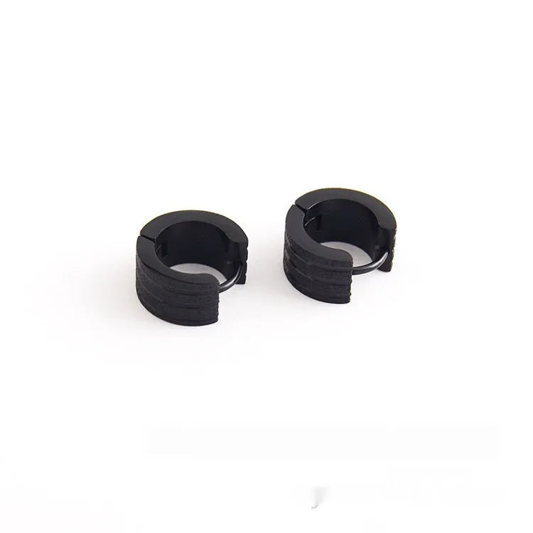 Korean style geometric titanium steel earrings with three-line frosted design in black, gold or steel colour options