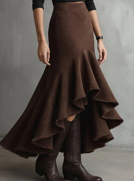 Brown women's maxi skirt with high-low ruffle hem in eco suede polyester fabric