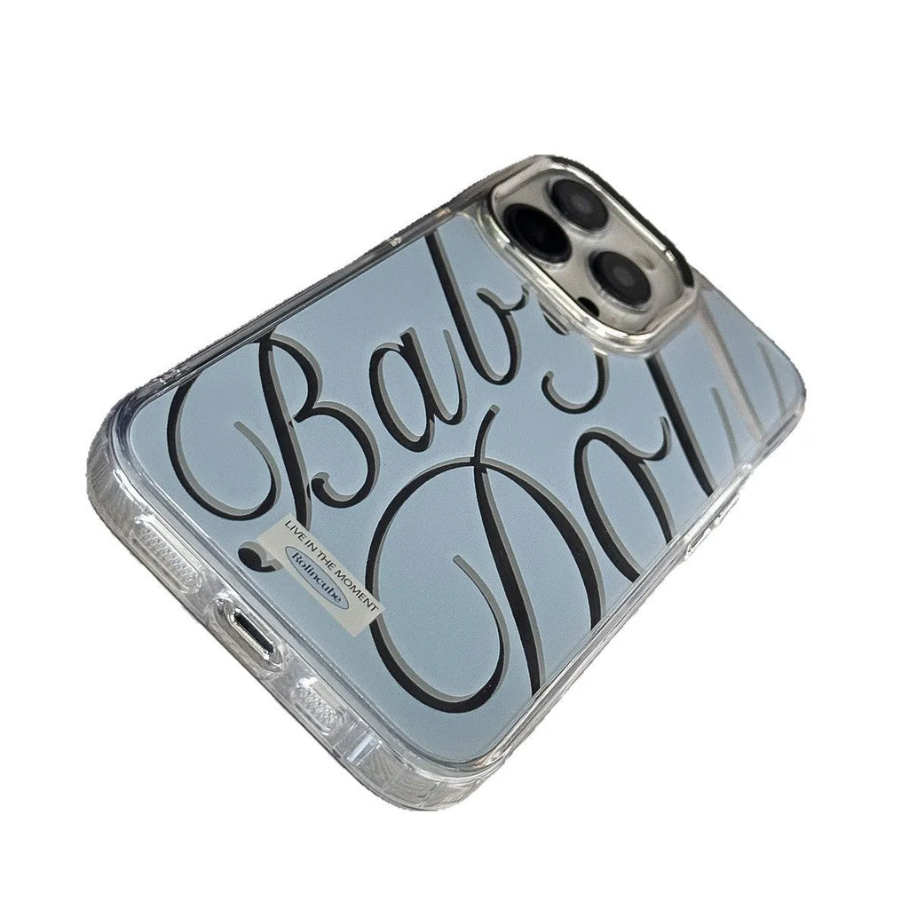 Blue transparent iPhone case with mirror finish showing English letters on back