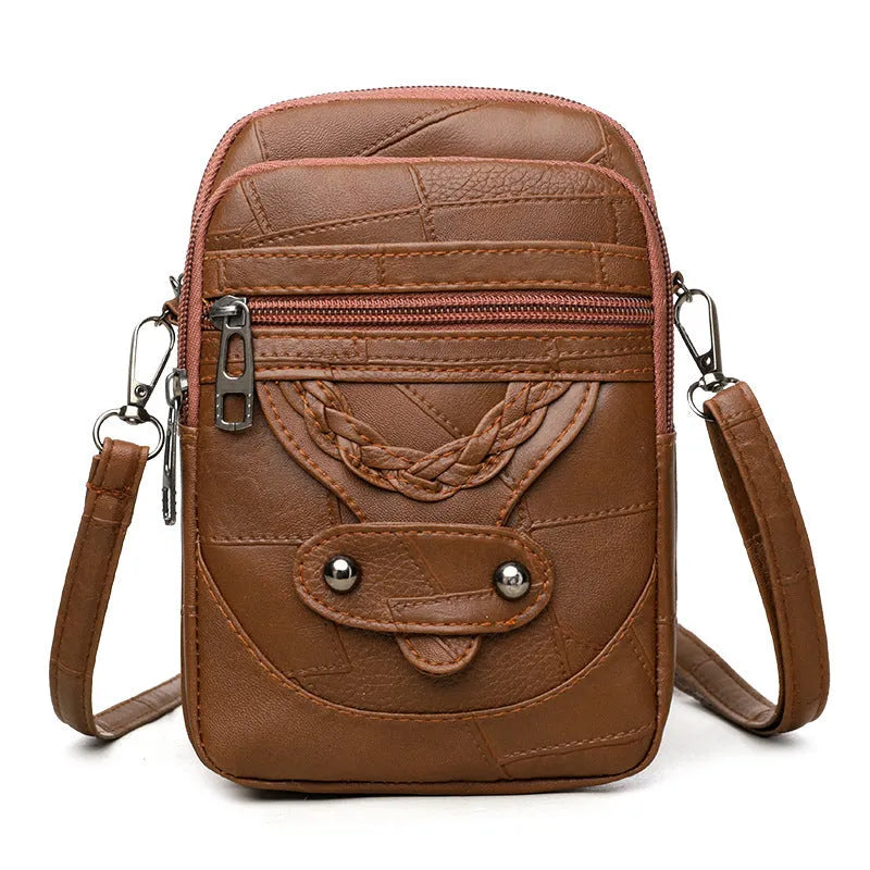 Brown retro style mobile phone bag with weaving patterns and decorative rivets on soft leather PU material