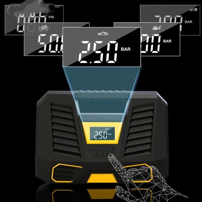 Carsun 100W 12V car air pump with digital display and 3m power cable on a garage floor