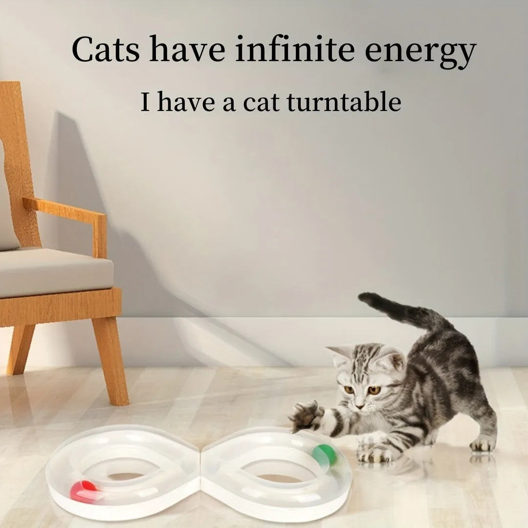 Blue and white cat turntable track ball toy with rotating stick for indoor feline play