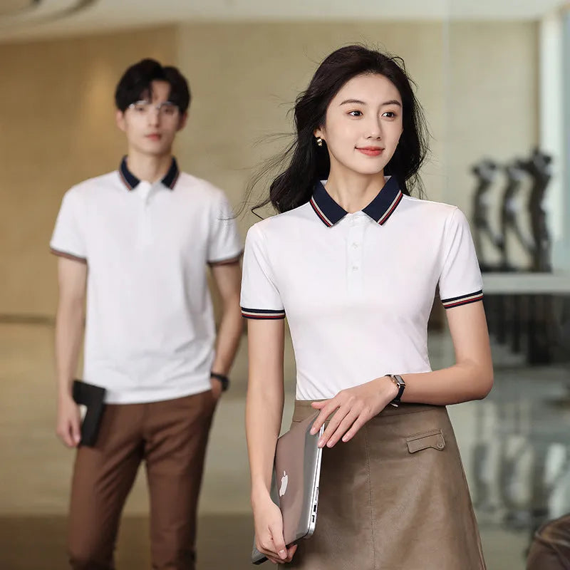 Summer solid colour cotton polo shirt with short sleeves and slit hem, available in multiple colours and sizes