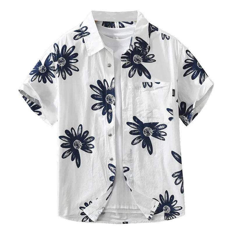 Japanese printed short sleeve shirt in loose cardigan style, cotton blend fabric, white and apricot colours