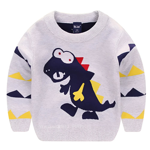 Boys wild dinosaur pullover sweater in gray 100% cotton with cartoon pattern
