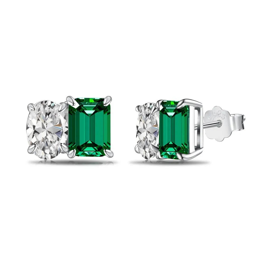 Silver stud earrings with emerald green stone in geometric ellipse and quadrilateral shape