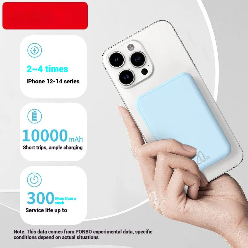 Portable magnetic wireless power bank in blue, purple, or white with 10000mAh capacity