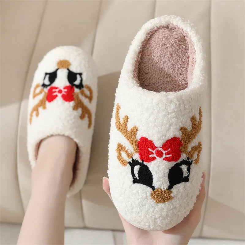 Women's non-slip Christmas deer slippers in fox colour with plush upper and TPR sole