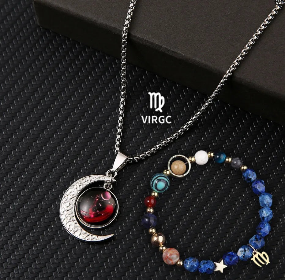 Natural stone zodiac necklace and bracelet set for all 12 star signs