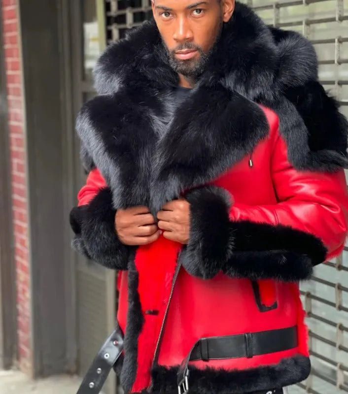 Red men's polyester jacket with thick fur collar, lapel, and zipper front on a plain background