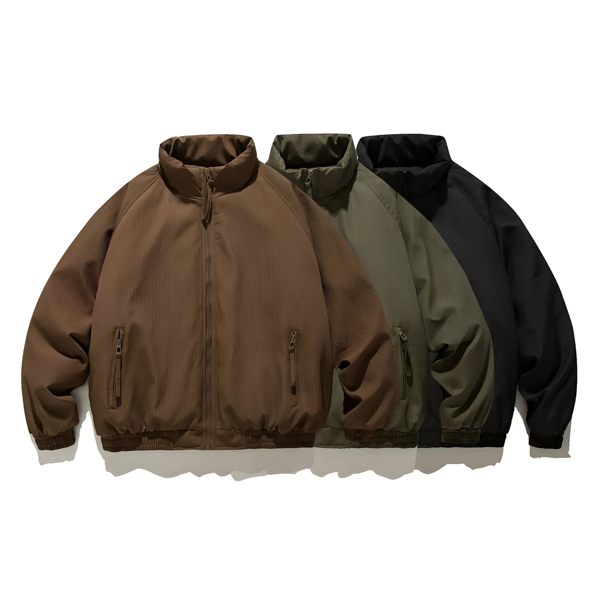 Loose cotton-padded coat for men and women in black with zipper pockets