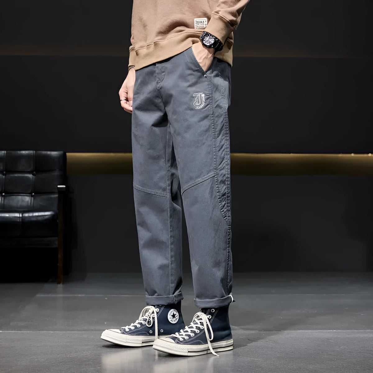 Men's casual retro straight leg trousers in khaki, cotton and bamboo fiber blend, zip fly, high waist