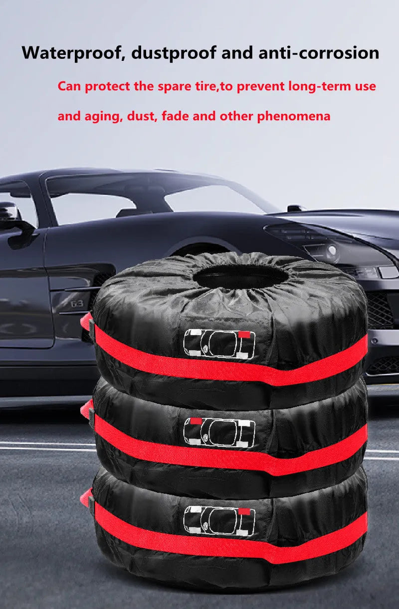 Set of four black Oxford cloth car tyre protective covers for parked vehicles.