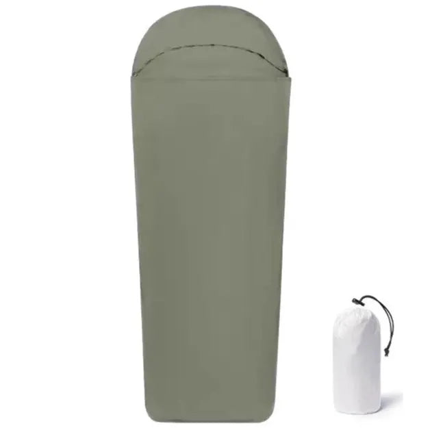 Blue mummy-style camping sleeping bag made from nylon fabric with compressed dimensions