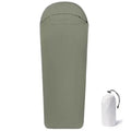 Blue mummy-style camping sleeping bag made from nylon fabric with compressed dimensions
