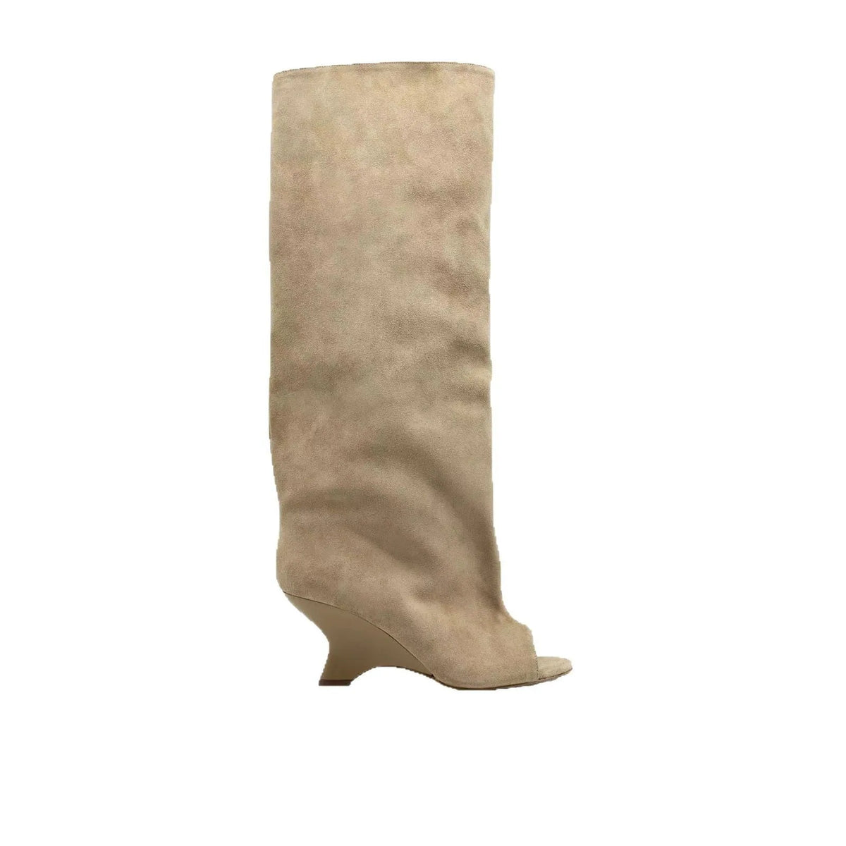 Women's peep toe wedge suede sandal boots with tassels, available in apricot colour, side view