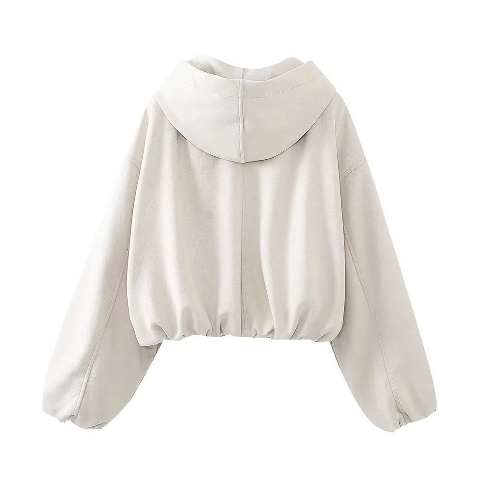 Women's casual suede hooded jacket in black with a zip front closure