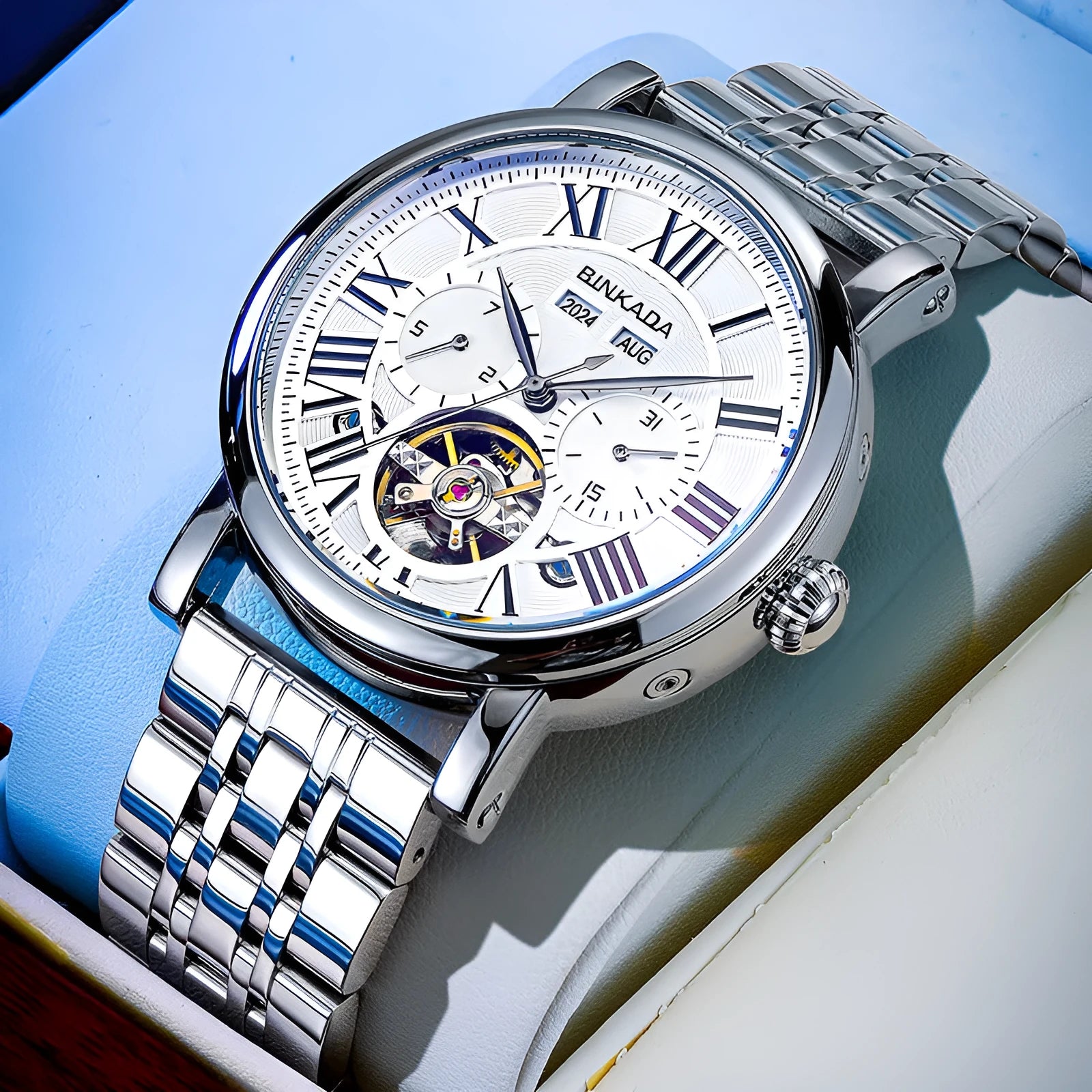 Men's automatic waterproof watch with stainless steel strap in business style, showing black and white colour options