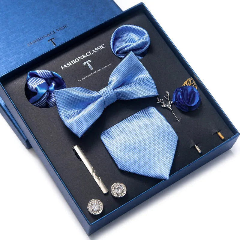 Men's 8-piece rayon jacquard bow tie set, heart shape arrow style, monochrome pattern, 146cm length