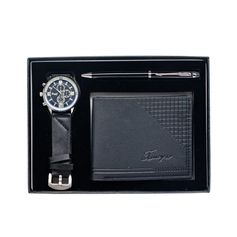 Creative holiday gift set containing wallet, pen and watch in gift box, available in black or brown