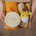 Baby teething toy gift set with bamboo cotton blanket and natural beech wood components