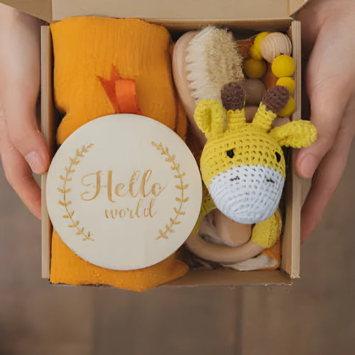 Baby teething toy gift set with bamboo cotton blanket and natural beech wood components