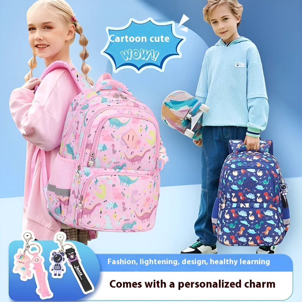 Blue children's Oxford cloth backpack with dinosaur print and curved shoulder straps.