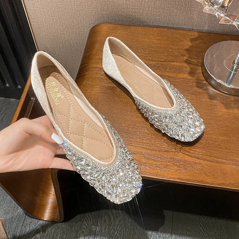 Flat bridesmaid shoes silver square toe satin with rhinestones and sequins