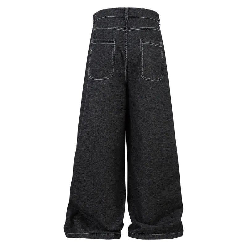 Black multi-pocket pleated workwear jeans in cotton denim fabric