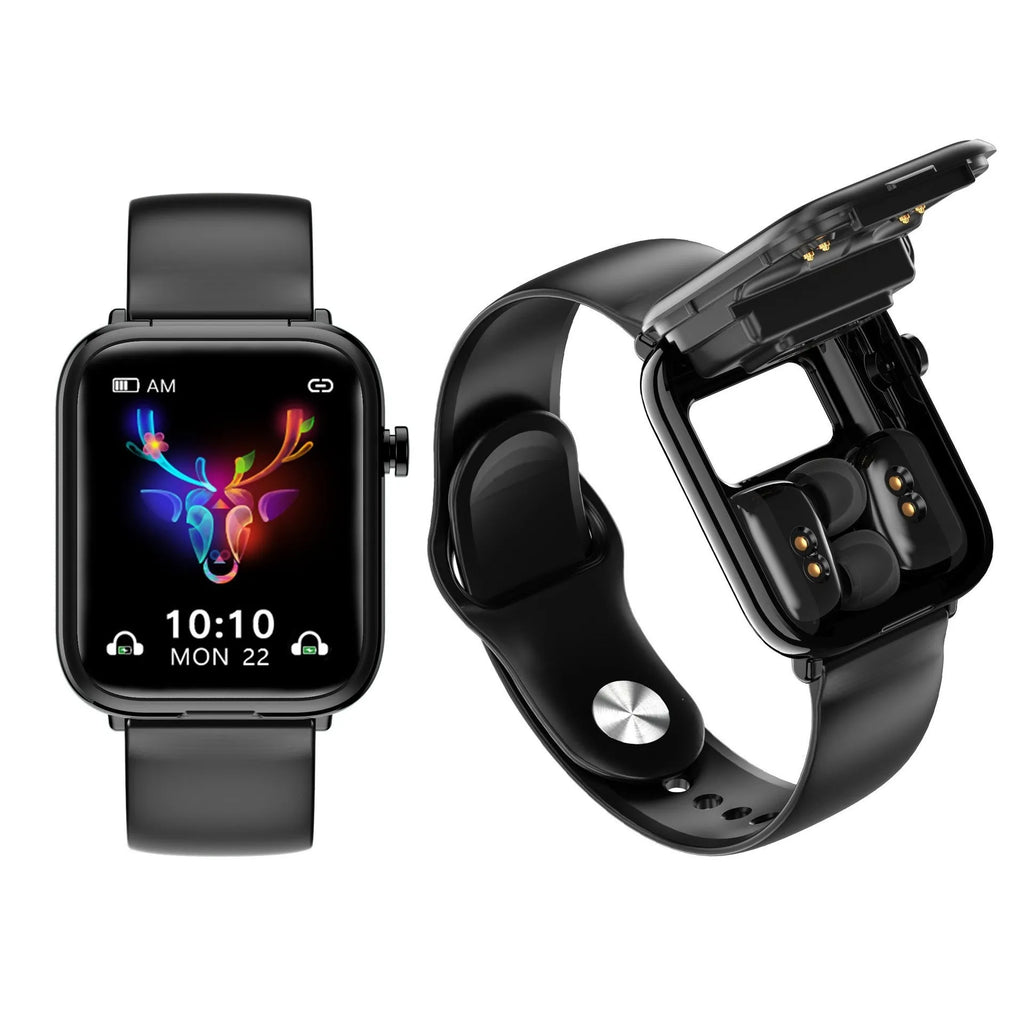 Black smartwatch with Bluetooth headset on wrist showing 1.69-inch touchscreen display.