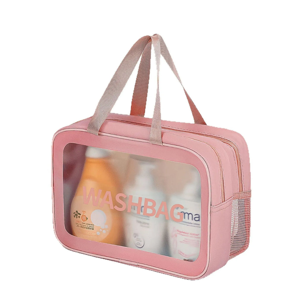 Large PVC transparent cosmetic bag three-piece set in various colours including beige, black, blue, pink, and white, empty and open on a flat surface