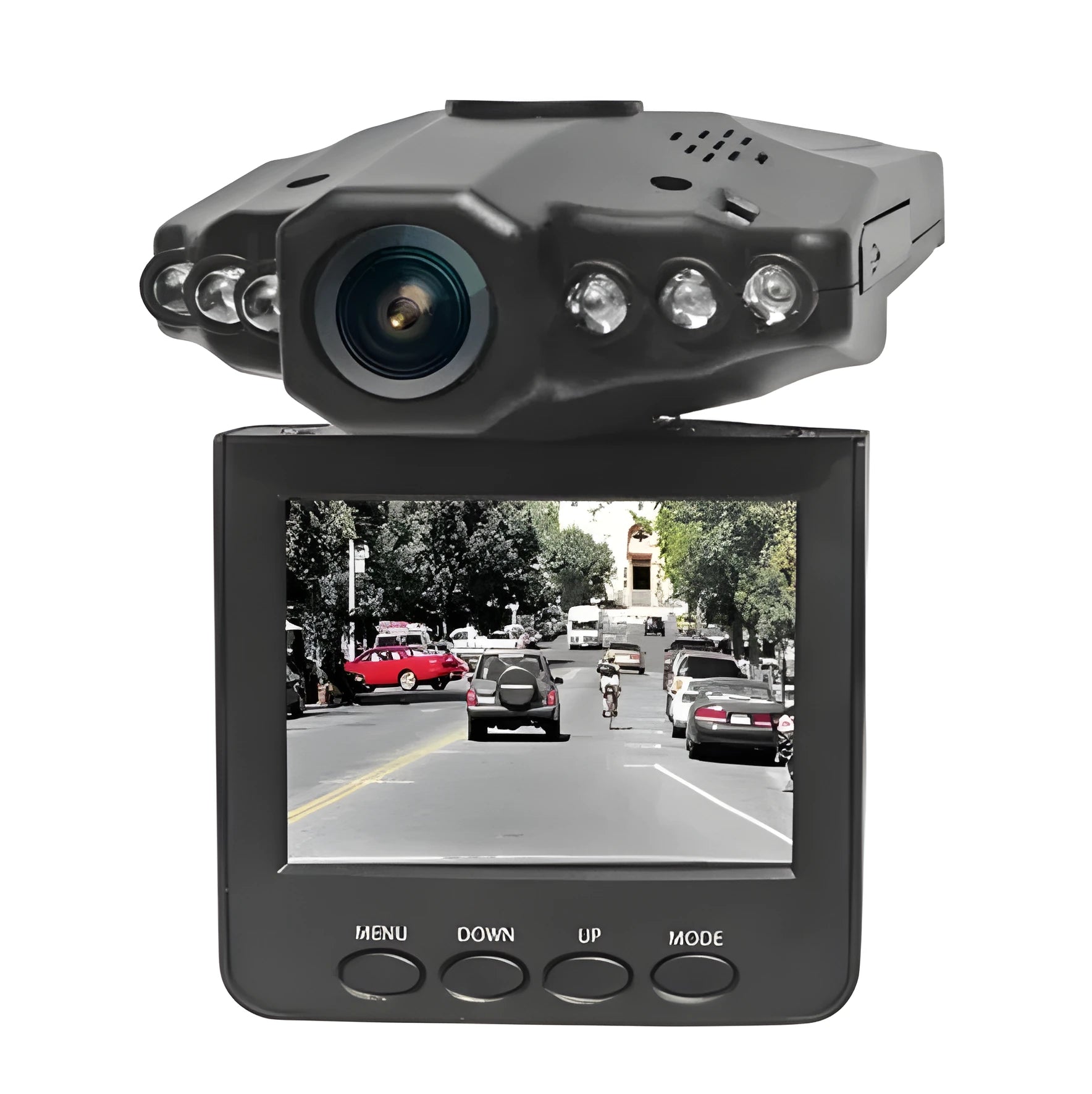 H198 black car dash camera with 2.4-inch screen mounted on a windscreen, showing aircraft nose design.