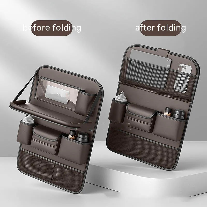 Leather car seat storage bag with carrying handle shown in black, hanging over a car seat.