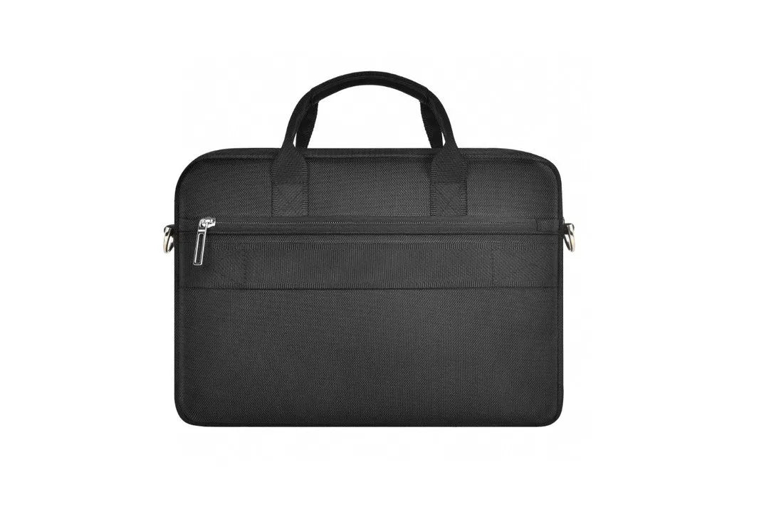 Black Oxford cloth multi-pocket laptop handbag showing separate internal layers and an integrated lock.