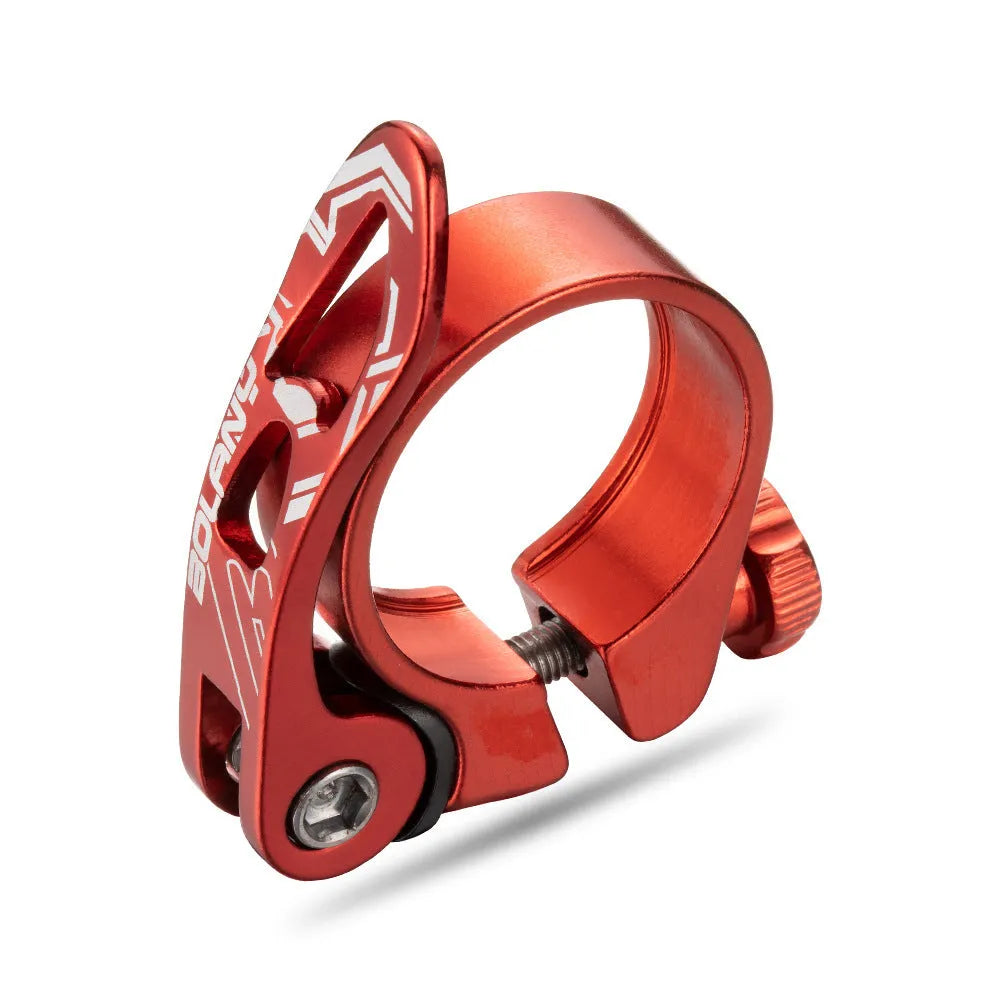 Aluminium alloy bicycle seat post clamp in black, shown next to red, blue, and gold colour options.