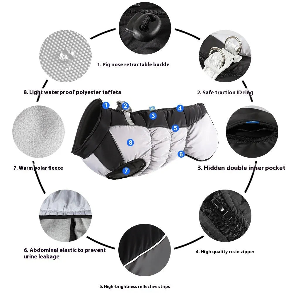 Large dog wearing a waterproof winter coat with reflective strips and polar fleece lining