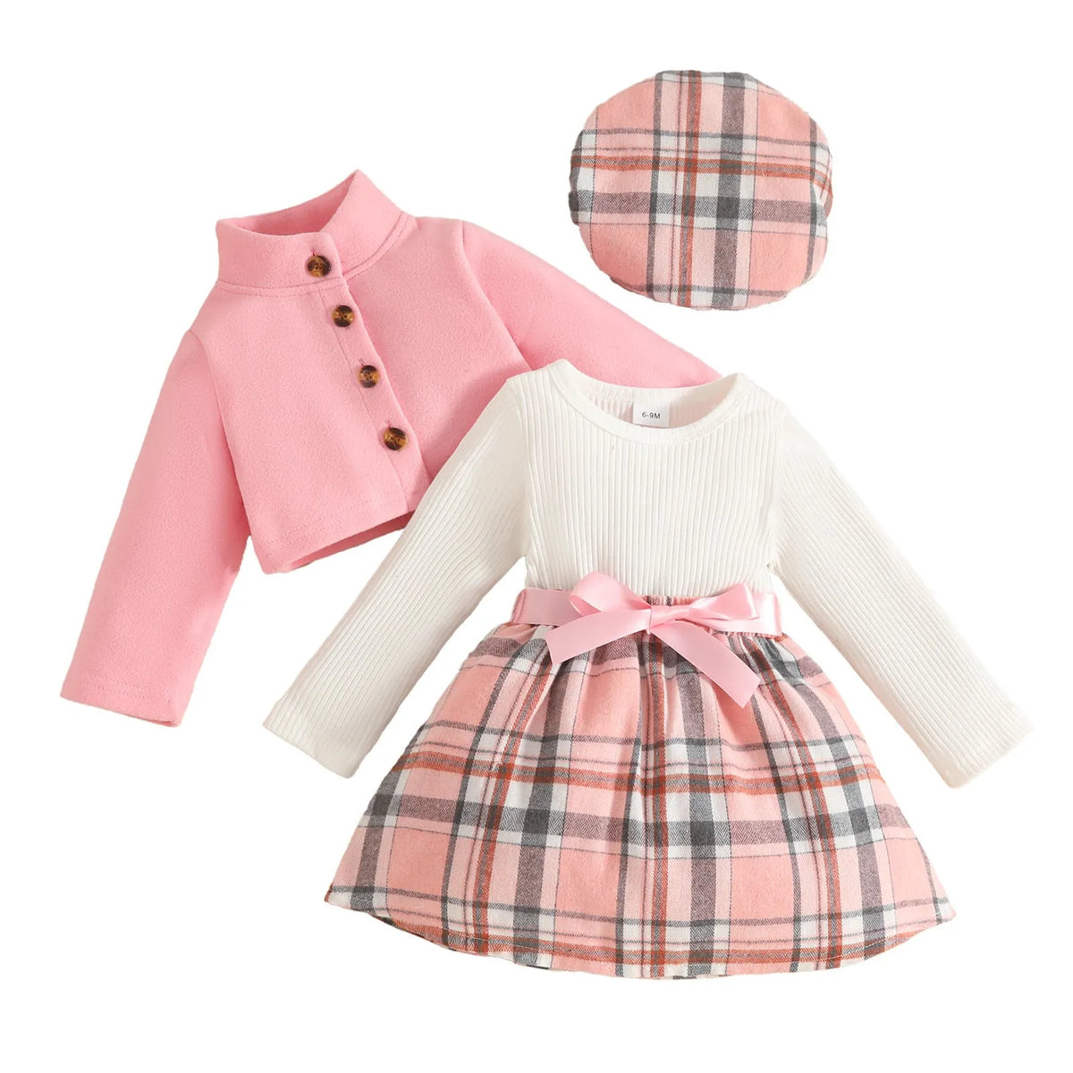 Baby girl plaid wool coat dress and beret set in light brown with stand collar and long sleeves